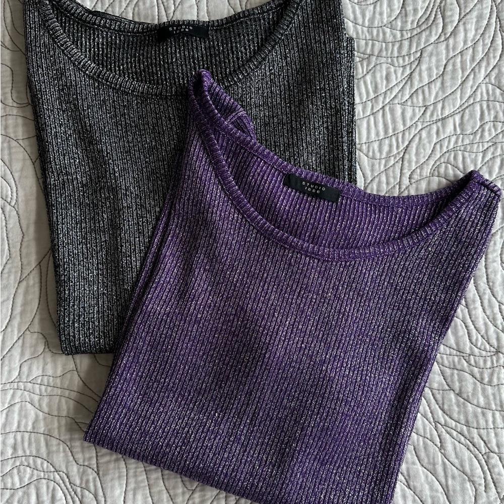 Pair of Shimmer Ribbed Shirt Sleeve Tops Purple and Gray